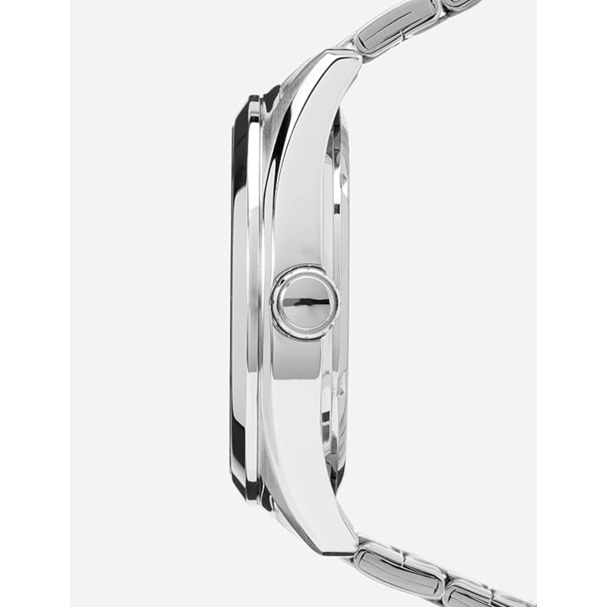 Lorus solar men's wristwatch angled side view showing silver-tone case and bracelet links