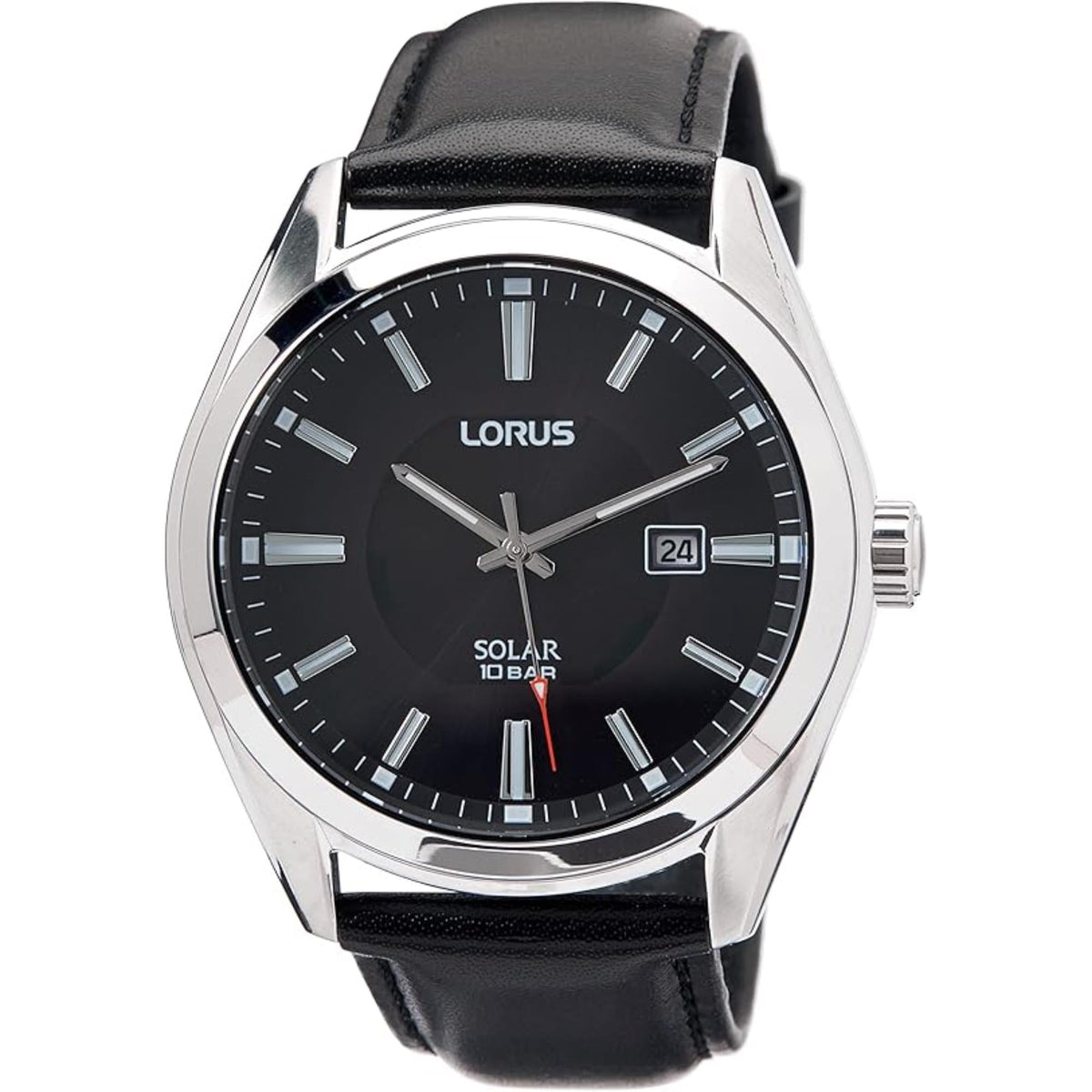 Men's solar watch front view with black dial and day-date 24 window