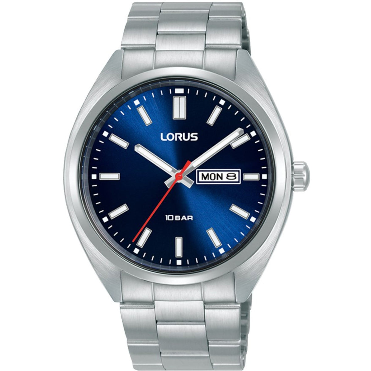 Analog quartz watch with dark blue dial, day/date window, steel bracelet