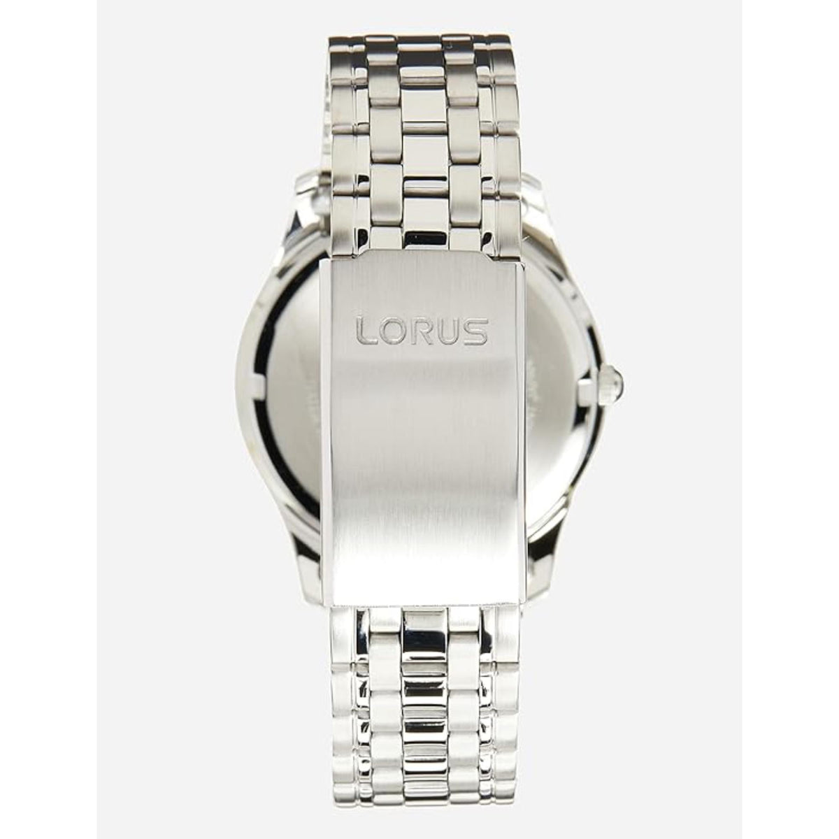 Stainless steel watch back with 'LORUS' engraving and metal link bracelet