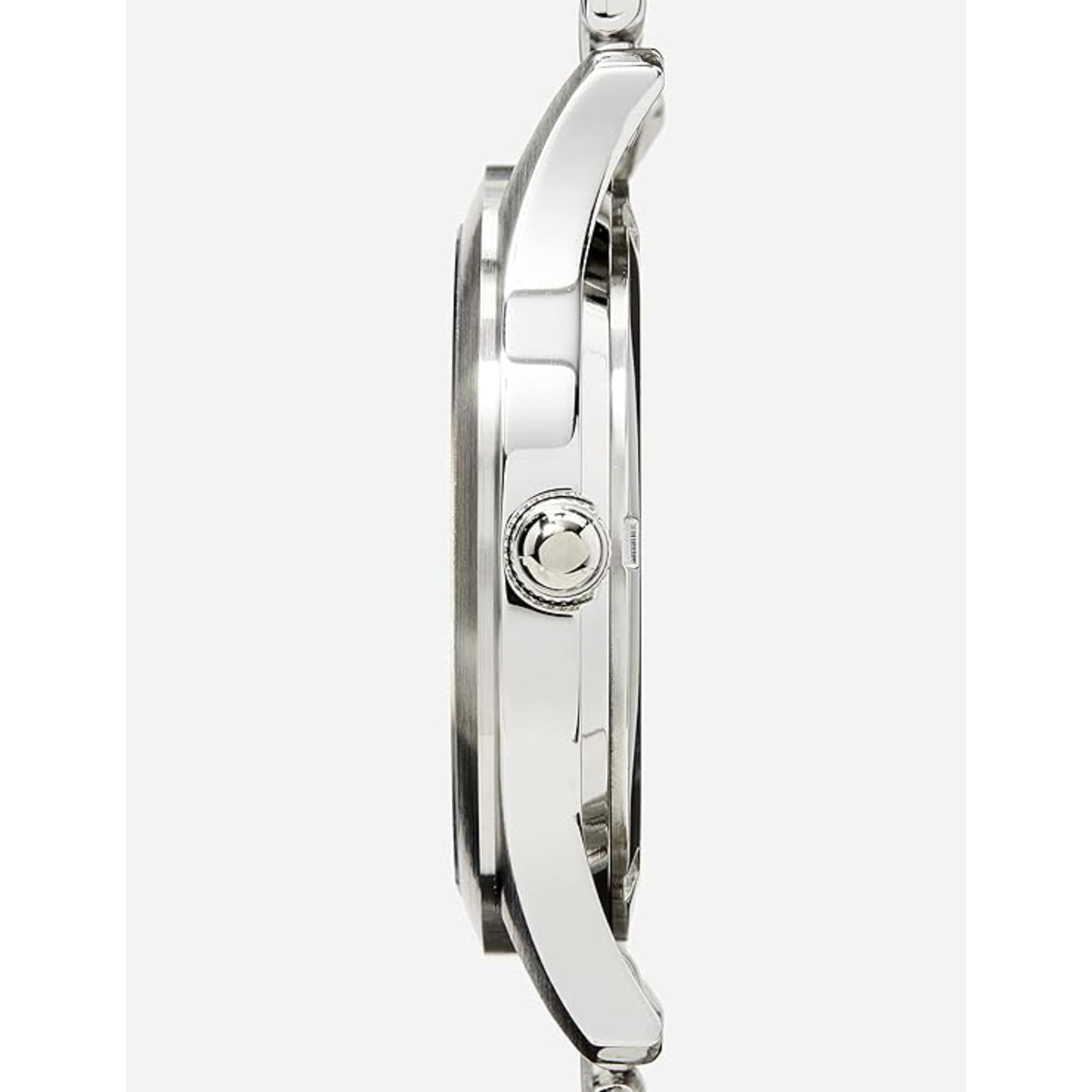 Silver watch case side with crown and attached link bracelet