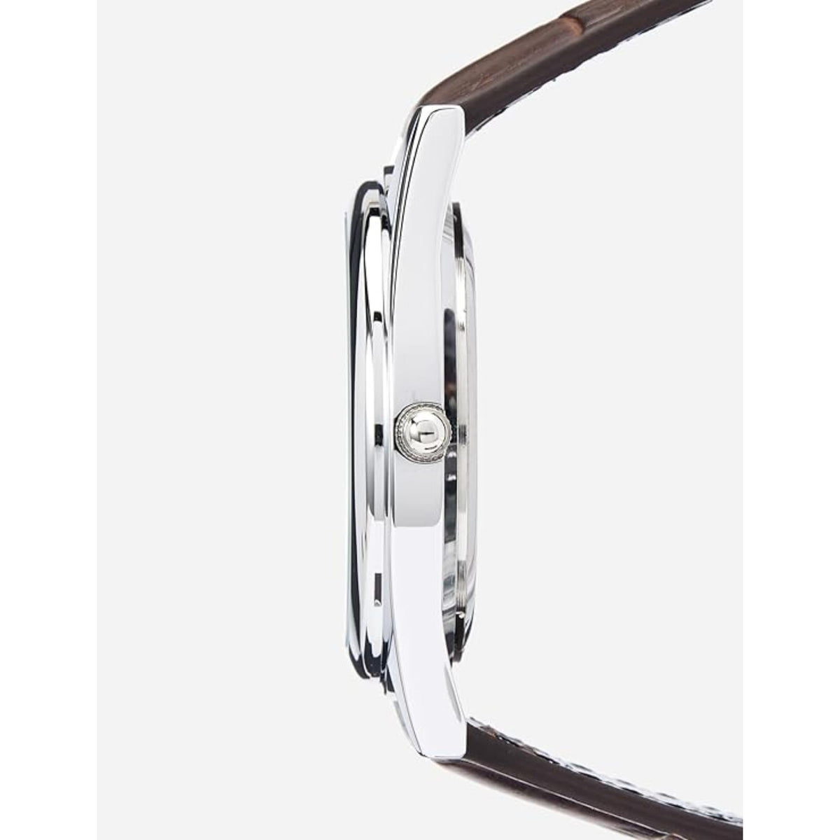 Men's Lorus analog quartz watch side view, silver case with crown, brown leather strap.