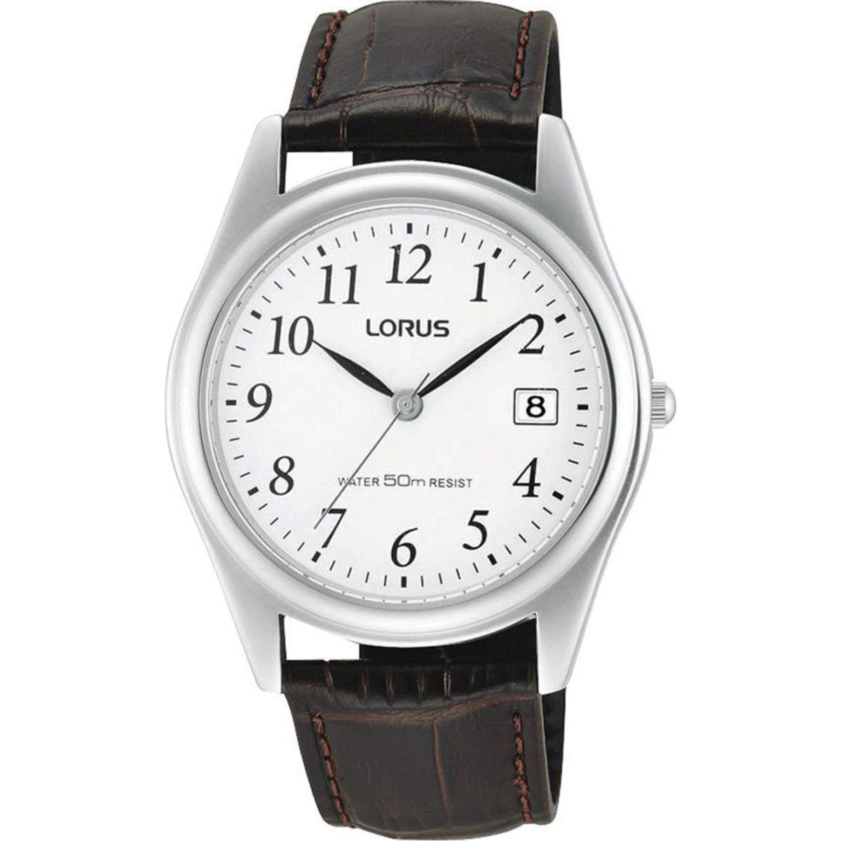 Men's Lorus analog quartz watch, white dial, brown leather strap, silver case, front view.