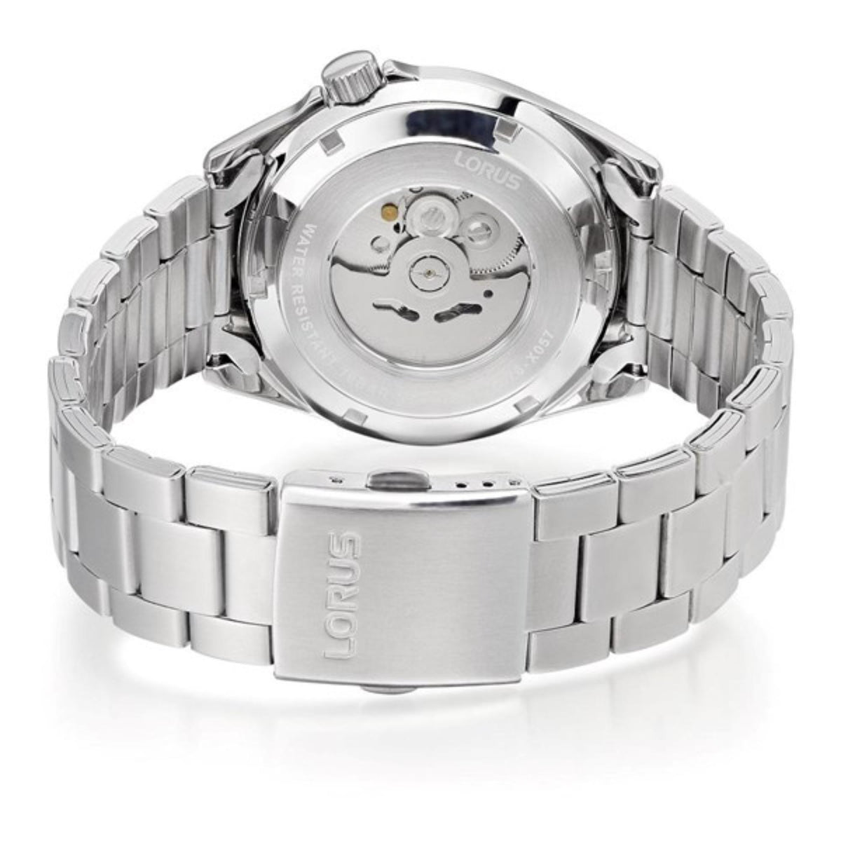 Automatic men’s watch caseback view with silver metal bracelet and exposed movement
