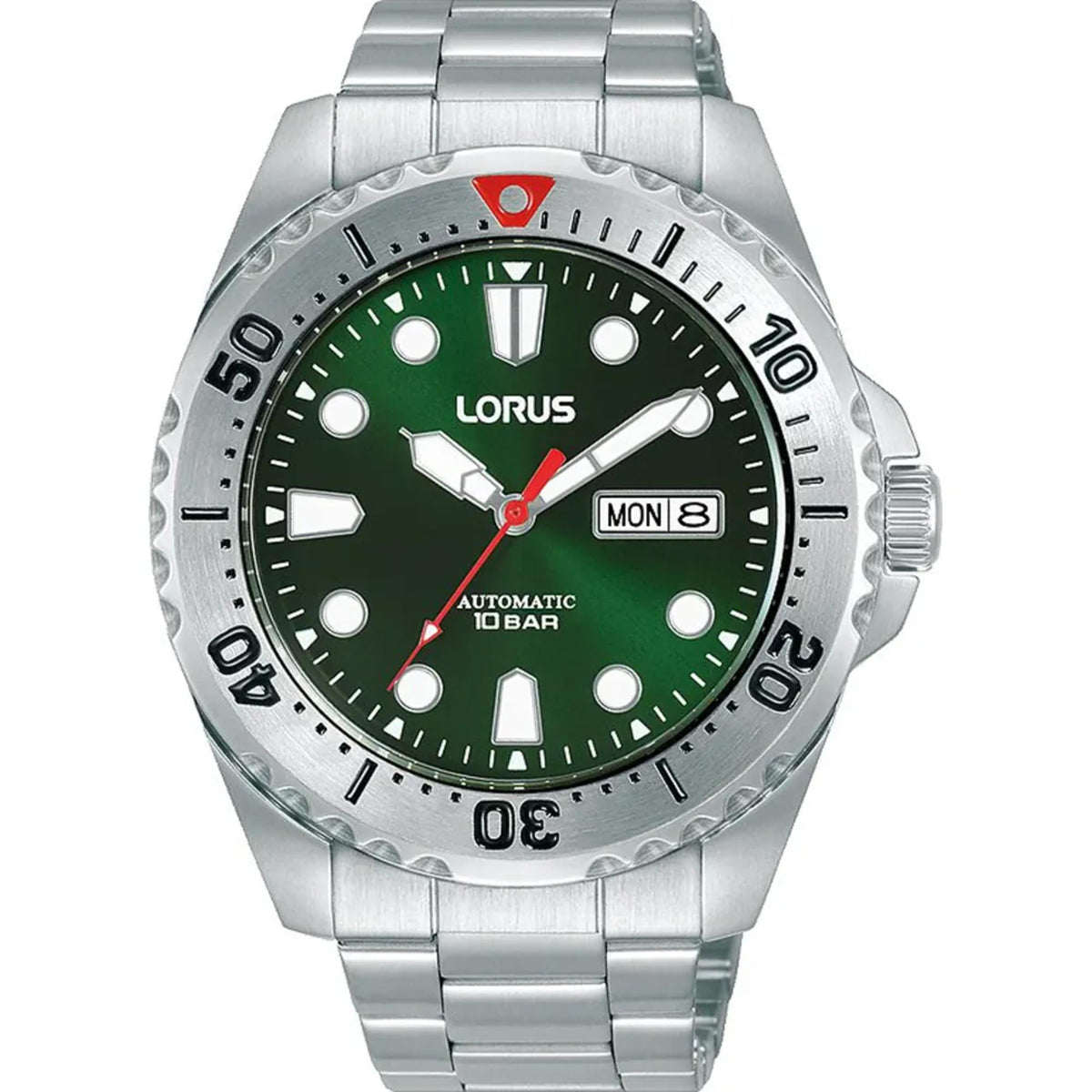 Stainless steel automatic men’s watch with green dial and date window at 3 o’clock