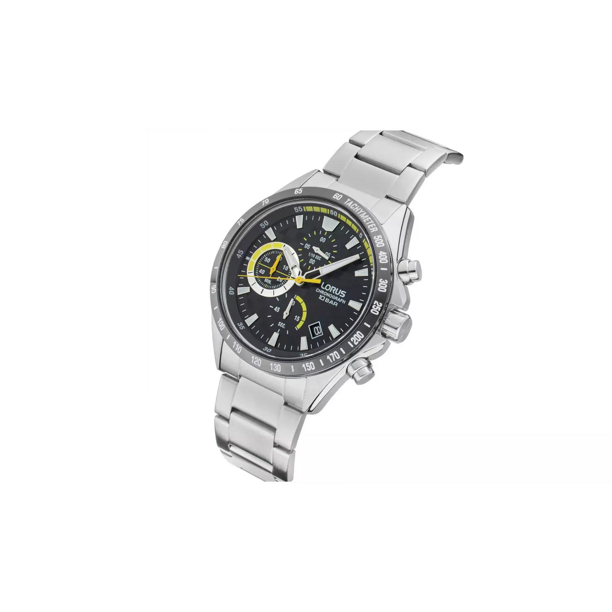 Men's chronograph watch, angled view of black dial with yellow subdials, steel bracelet