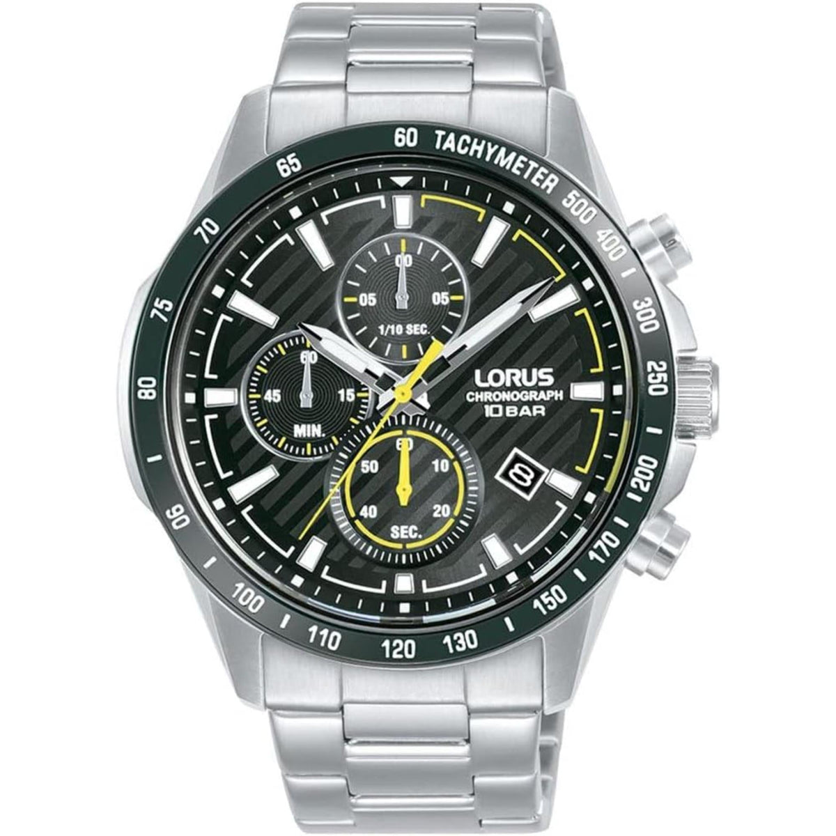 Men's chronograph watch front view, black dial, yellow accents, tachymeter bezel, steel band