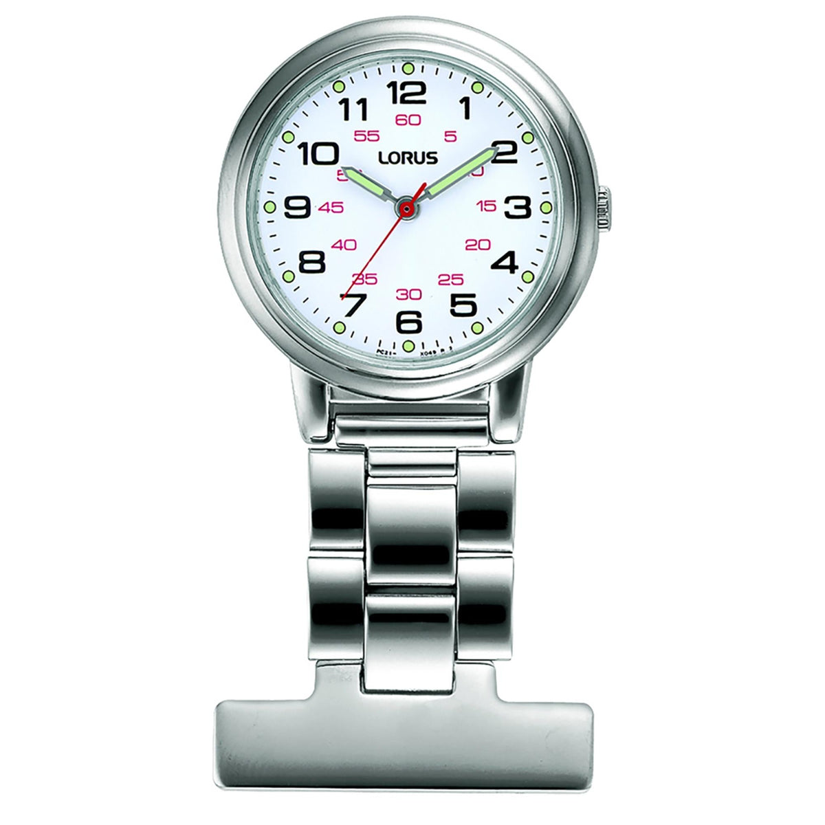 Silver women's wristwatch with white dial, multicolor minute markers, metal link bracelet