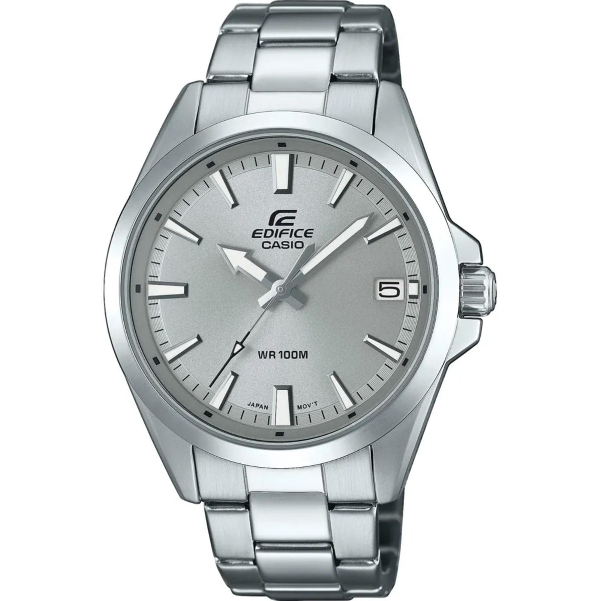 Stainless steel wristwatch with gray dial and crown, linked metal bracelet