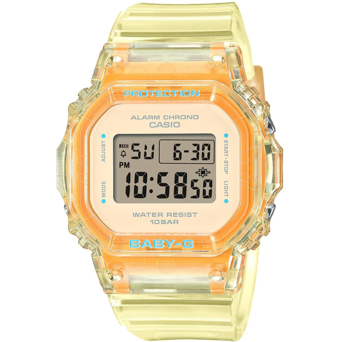 Translucent yellow-orange jelly digital watch with resin strap and LCD display
