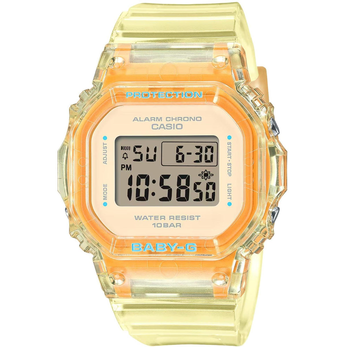 Translucent yellow-orange jelly digital watch, resin case with raised bezel