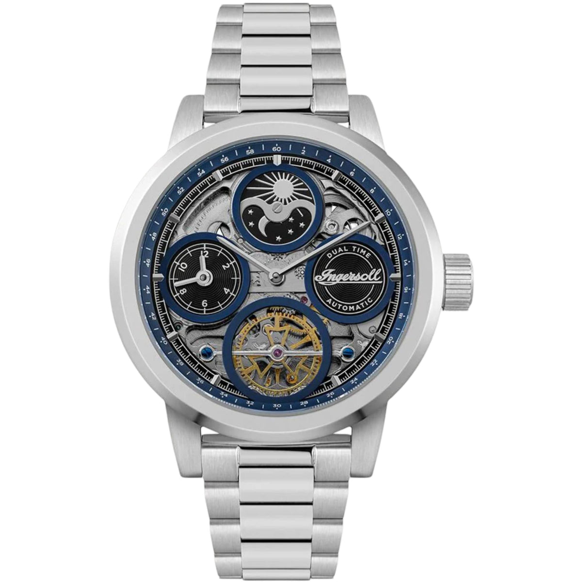 Men's automatic watch with blue skeleton dial and steel bracelet, round silver case
