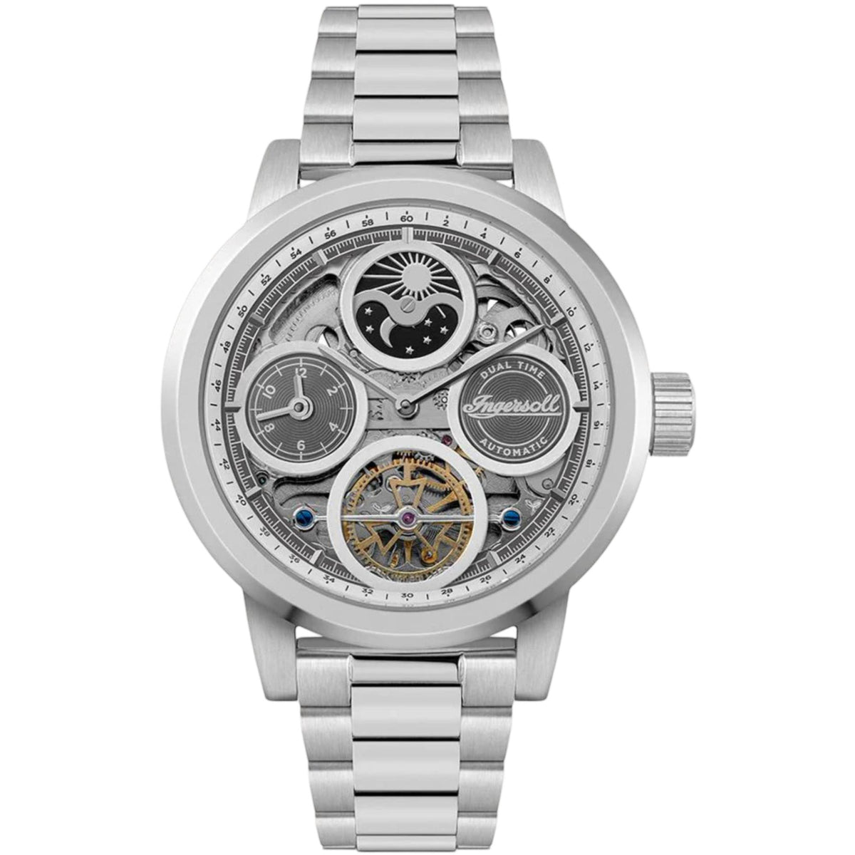 Men's automatic watch with silver steel bracelet and skeleton dial with moon subdial