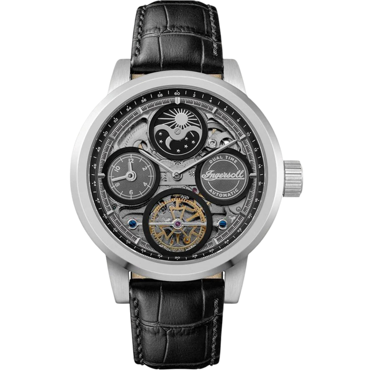 Round men’s automatic watch with black leather strap, silver case, dark dial with subdials