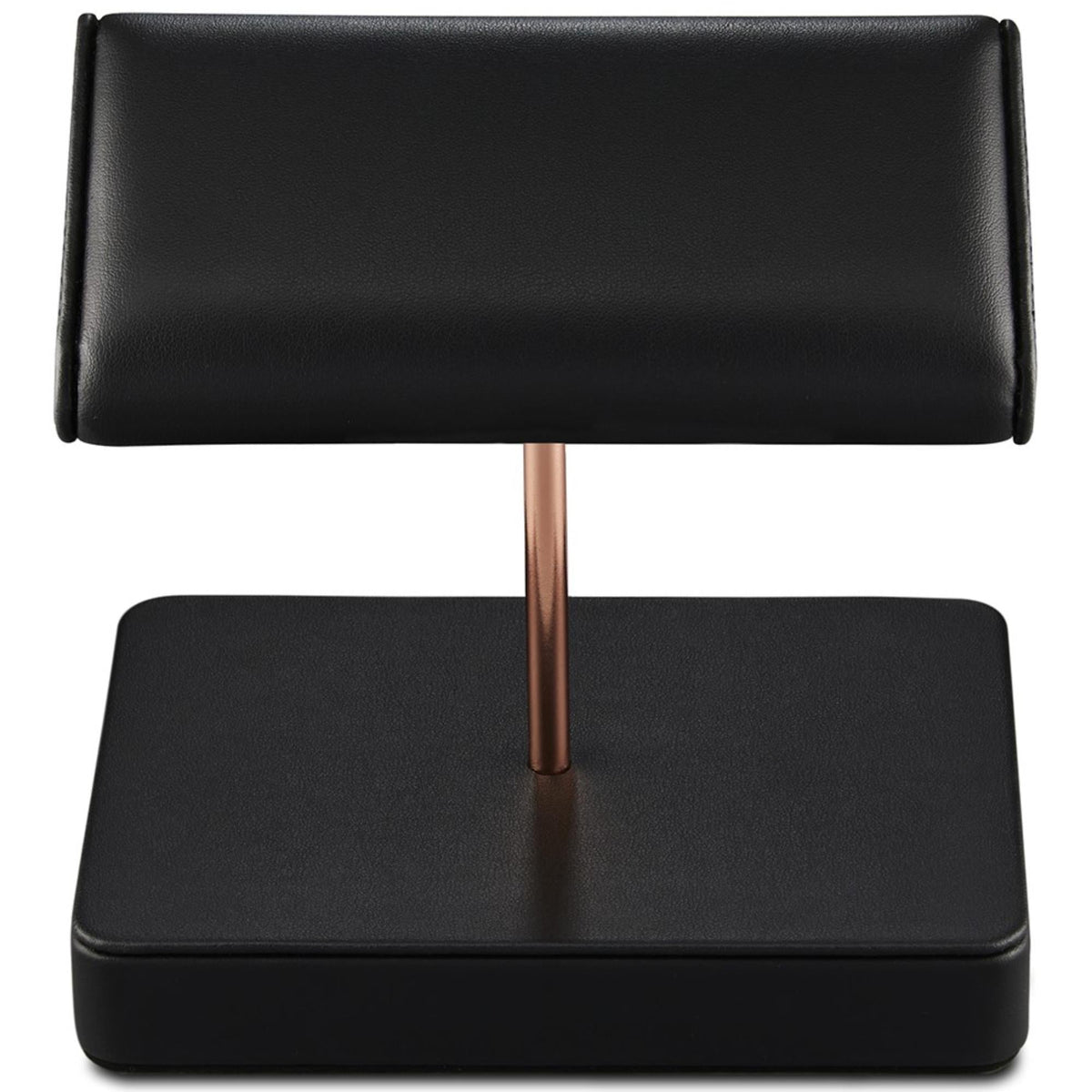 Black double watch stand with two padded tiers and copper center post