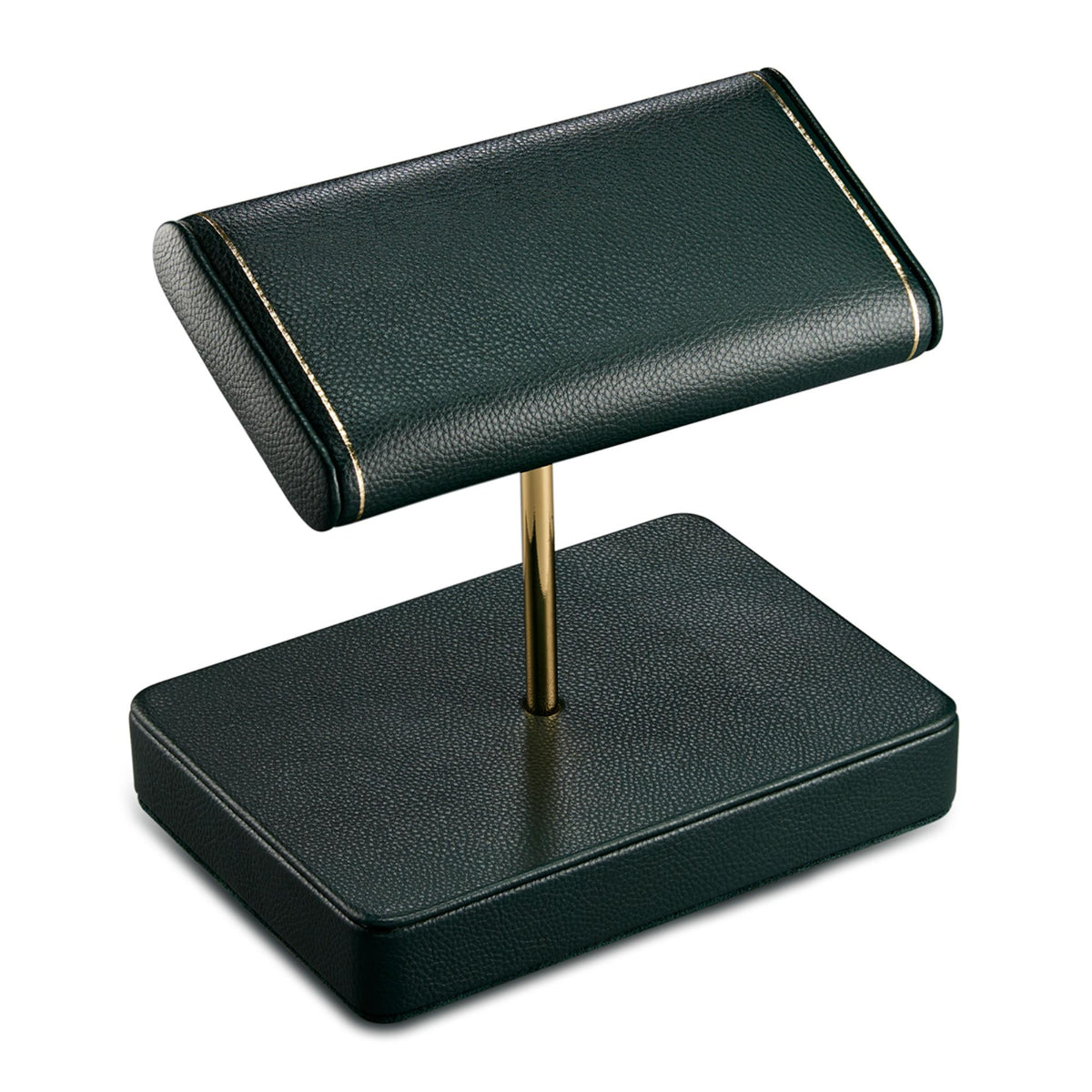 Green double watch stand with padded top tray, brass rod, and square base