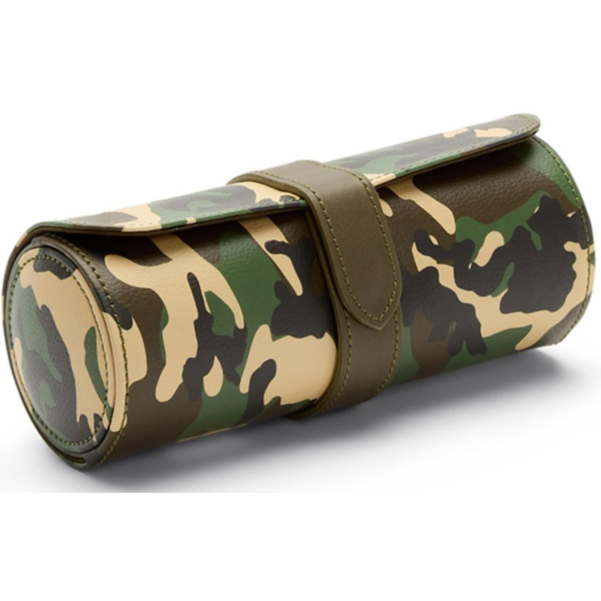 Camouflage triple watch roll with curved ends and brown leather edging