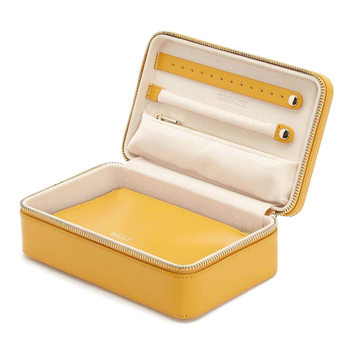 Mustard yellow zip case open, showing padded beige compartments and organizer details
