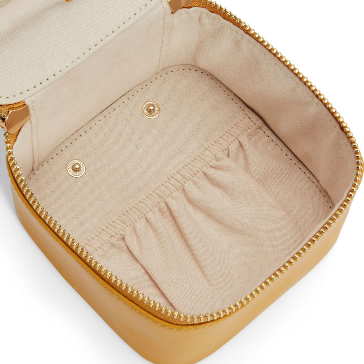 Mustard leather jewelry cube interior with fabric pouch lining and elastic compartments, zip edge.