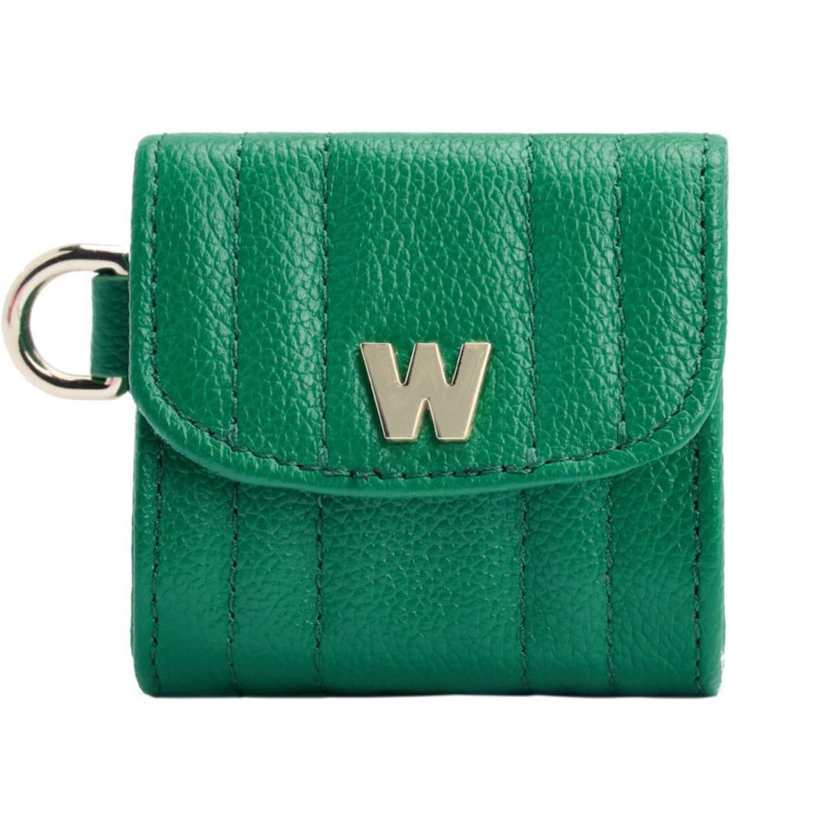 Green leather earbud case with wristlet, snap flap and gold W logo front.