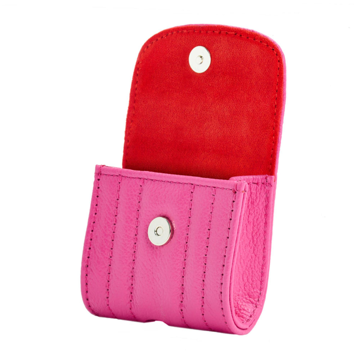 Pink Mimi EarPods case with red inner lining and snap button on the flap.