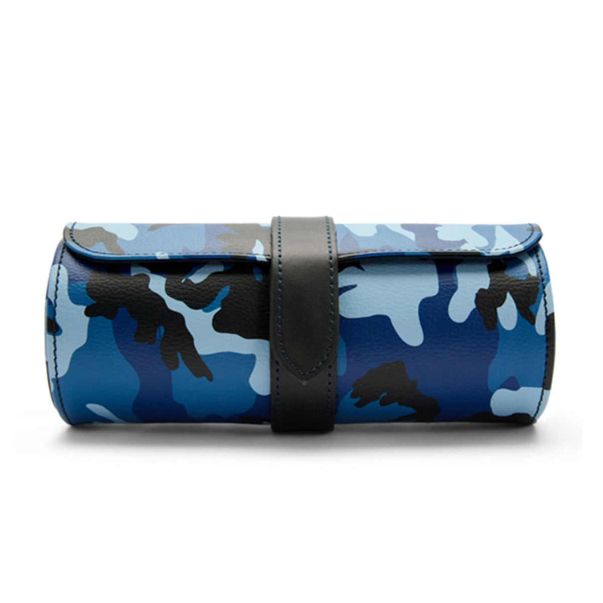 Rolled blue camo triple watch storage case with center gray strap and snap closure.