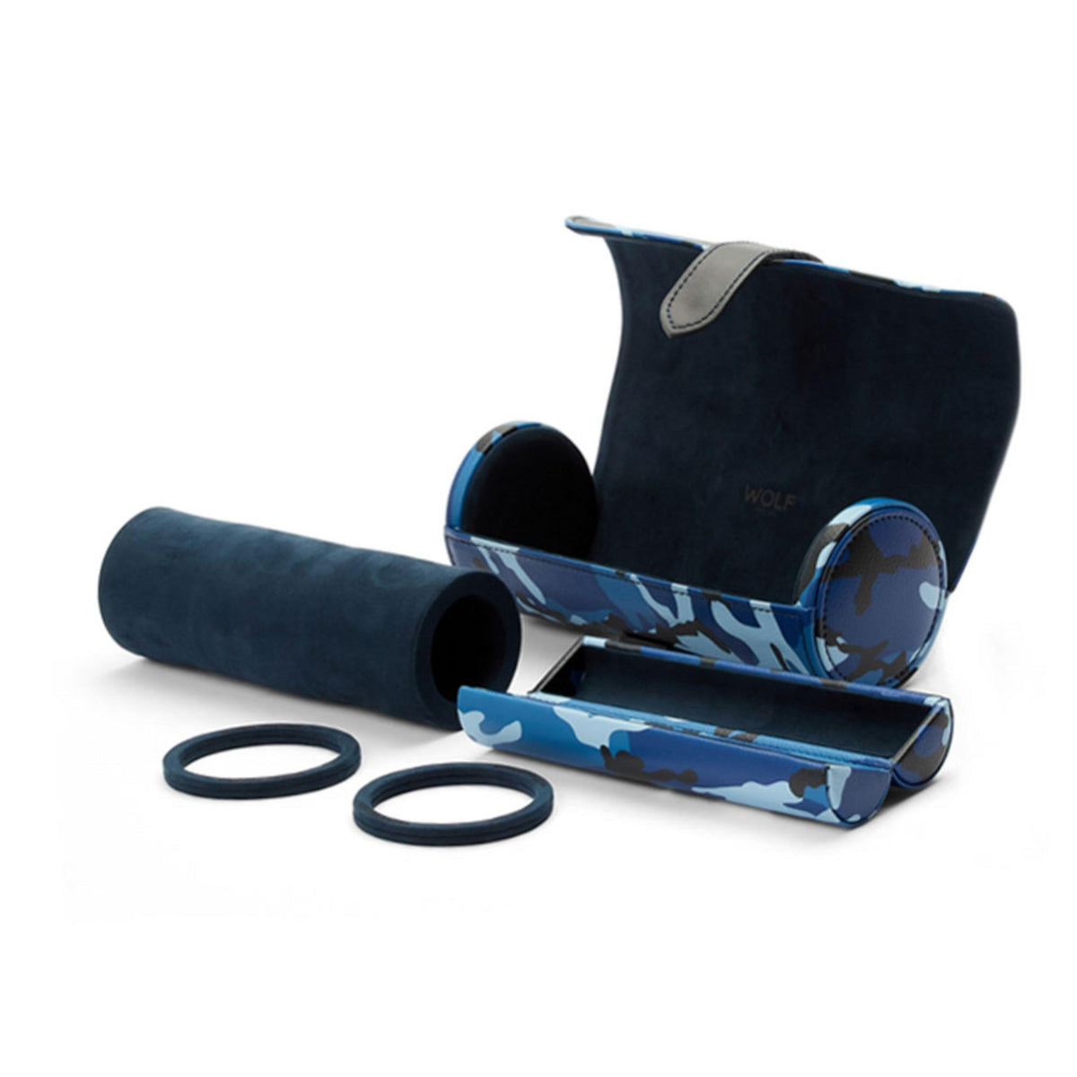 Triple watch roll with open compartments and blue camo bands plus two elastic rings.
