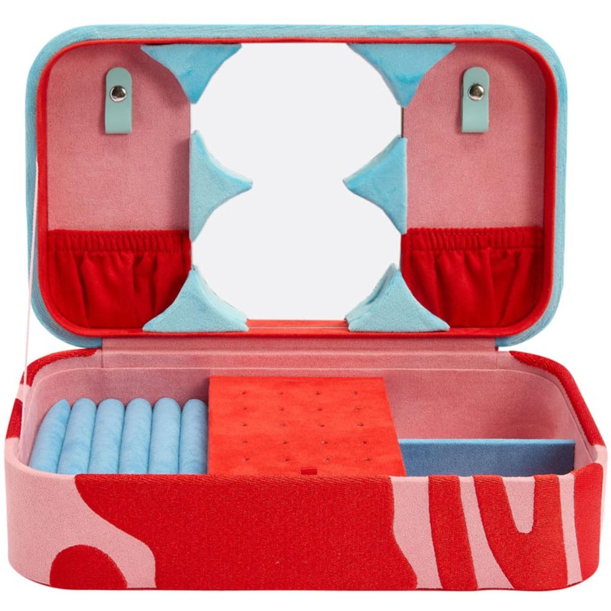 Wolf Bea Bongiasca medium jewelry box, open with pink interior and red storage sections