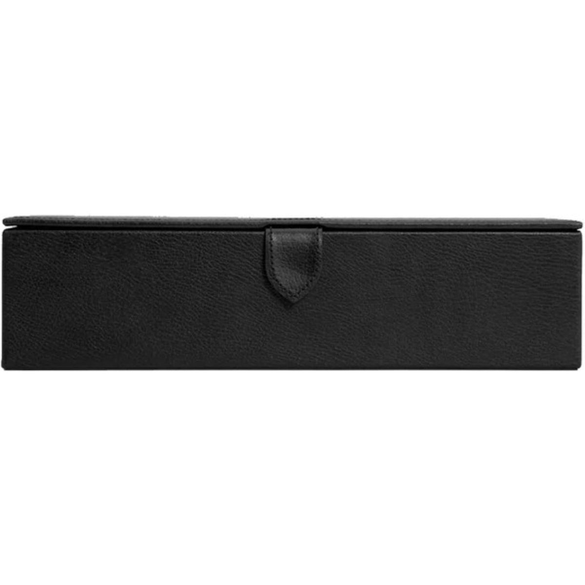 Black leather-look watch box with shield-shaped latch on the front