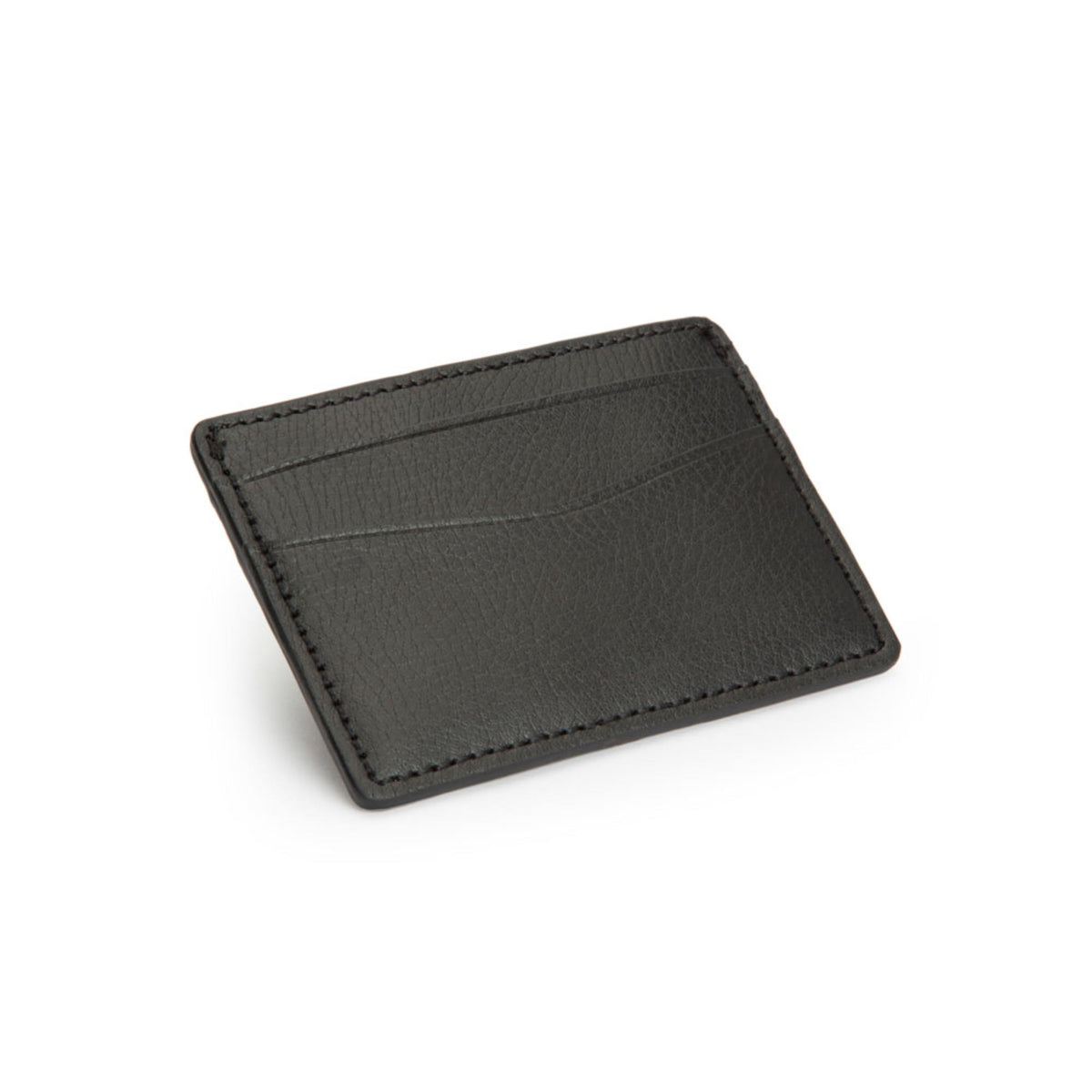 Black credit card case angled view with front card pocket and topstitching, textured leather