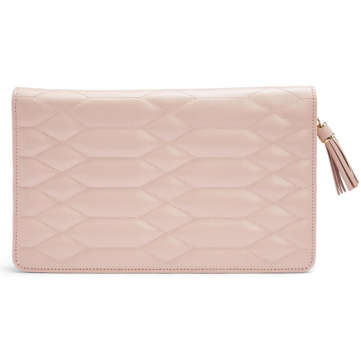 Quilted pale pink jewellery portfolio with gold zipper and hanging tassel