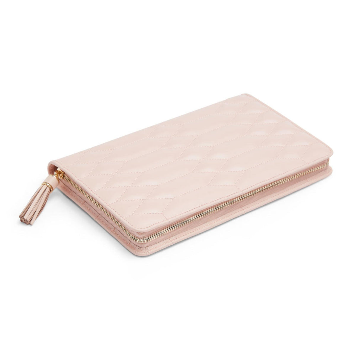 Angled view of pale pink jewellery portfolio with gold zipper edge and tassel
