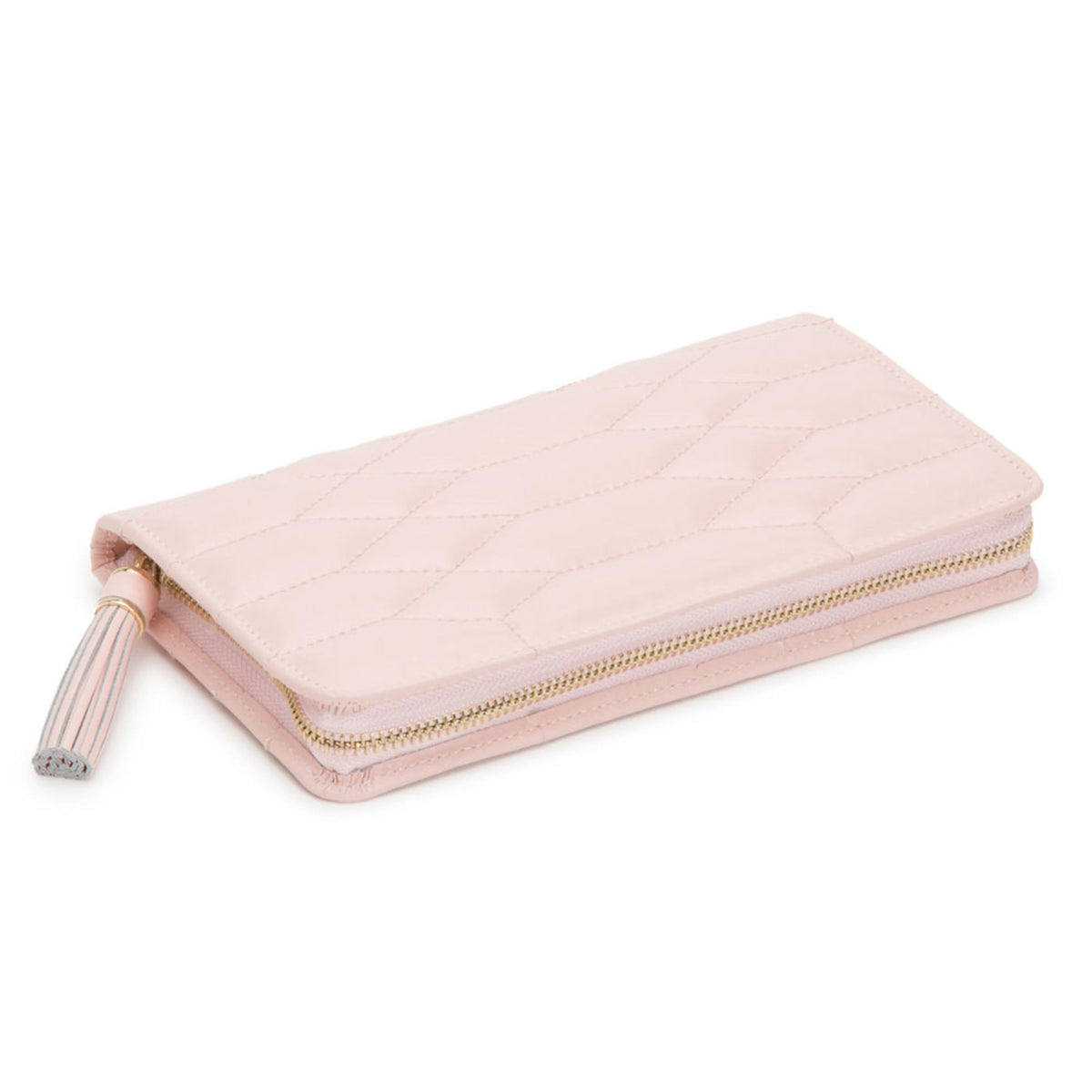 Light pink jewelry portfolio wallet with diagonal quilting and gold-tone zip top