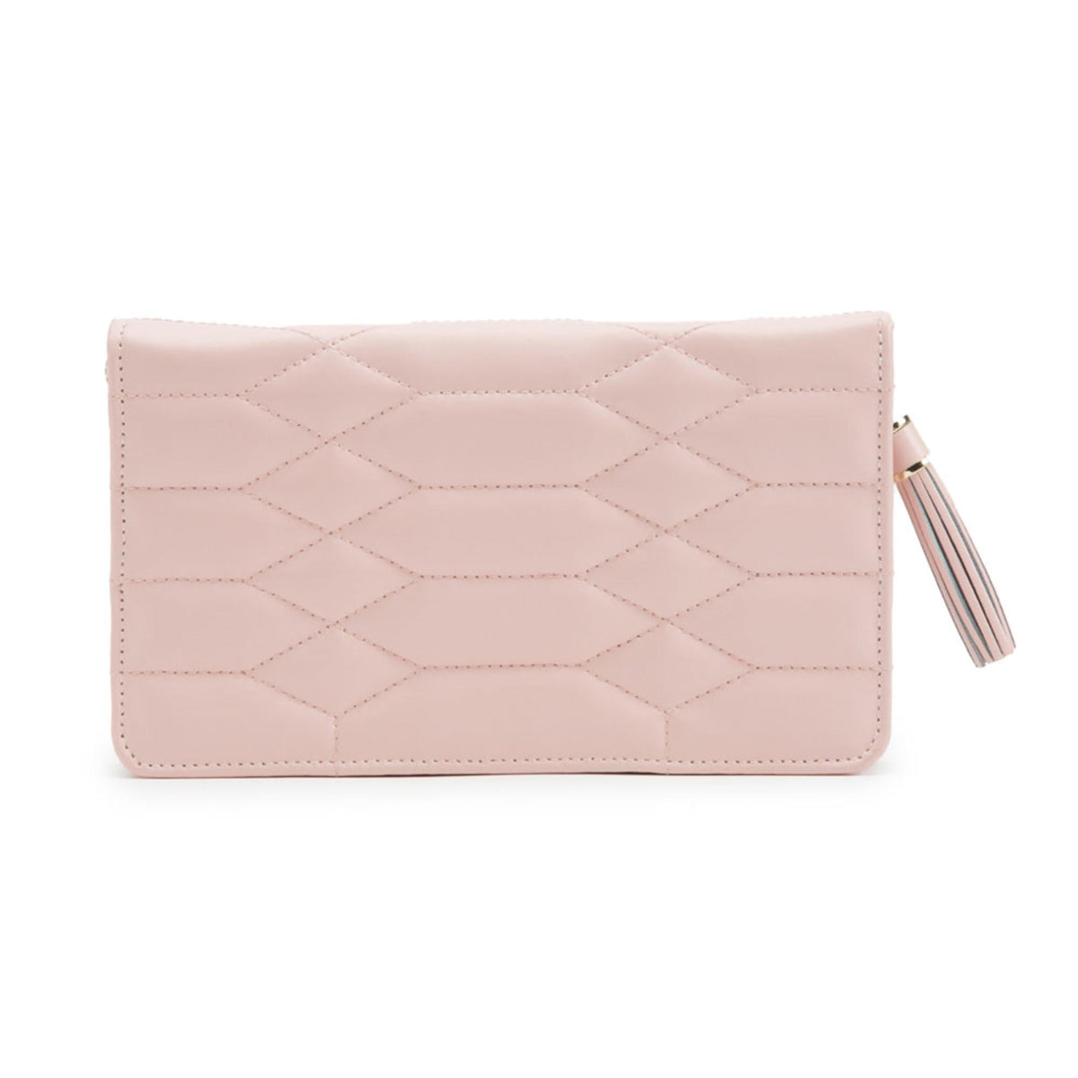 Light pink quilted jewelry portfolio wallet with tassel pull on the right side