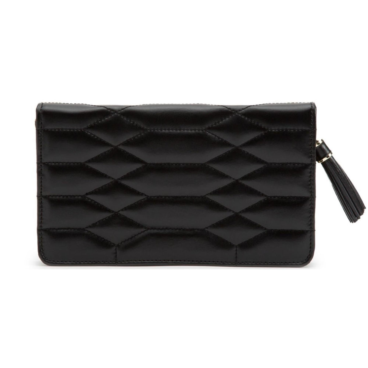 Black quilted jewelry portfolio with front flap and gold zipper, featuring hanging tassel.