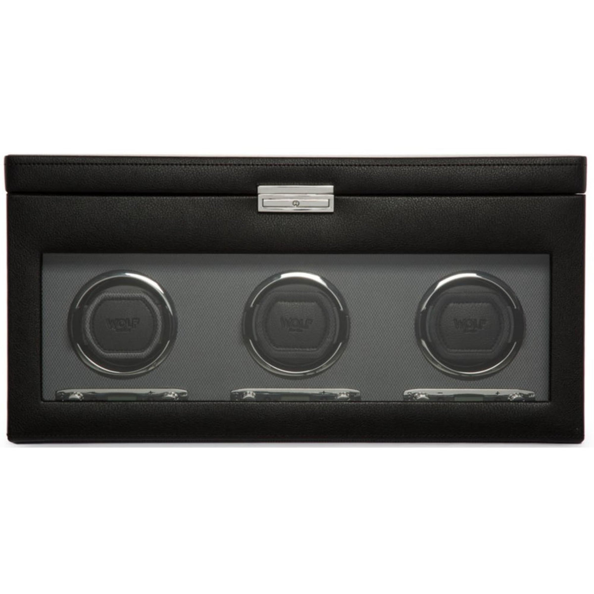 Black triple watch winder with storage, front window and silver top latch