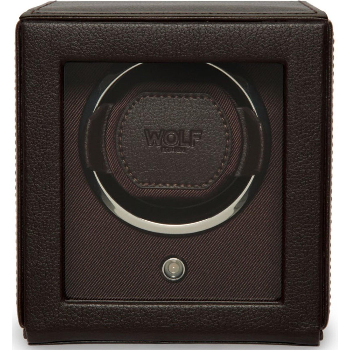 Brown leather-look single watch winder front with circular chrome ring and WOLF logo window