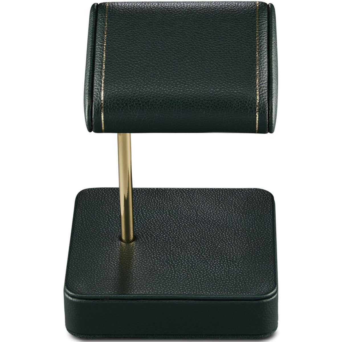 Green leather watch stand featuring cylindrical head, gold support post, and rounded base