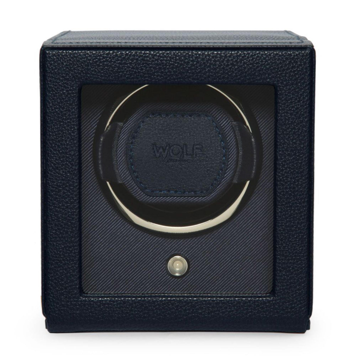 Navy single watch winder with textured leather-look exterior and front circular winder opening