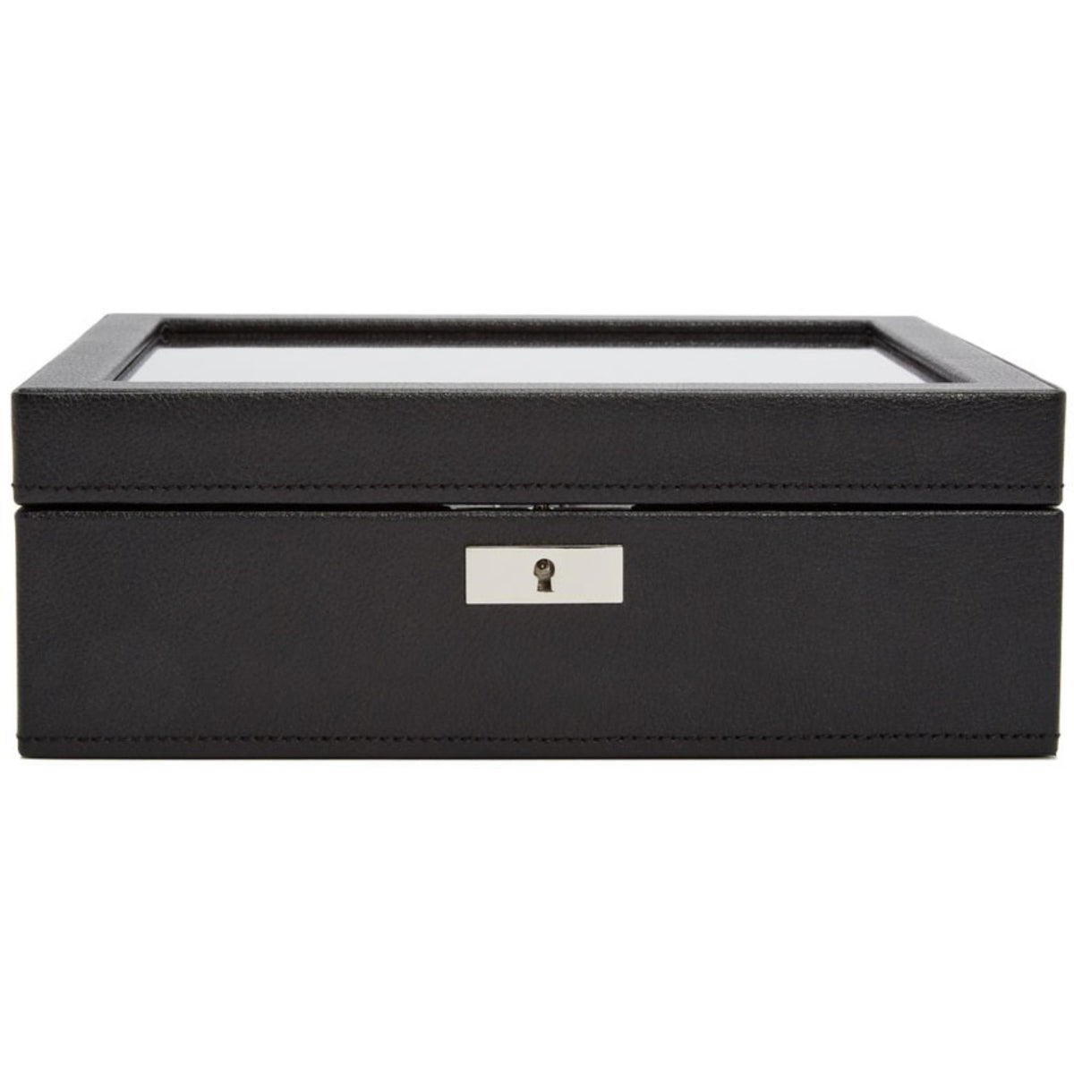 Black leather-look watch storage box with hinged lid, clear display panel, and metal lock