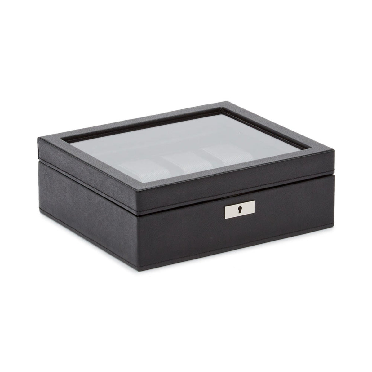 Black watch box showing clear top window and hinged lid with centered metal latch plate