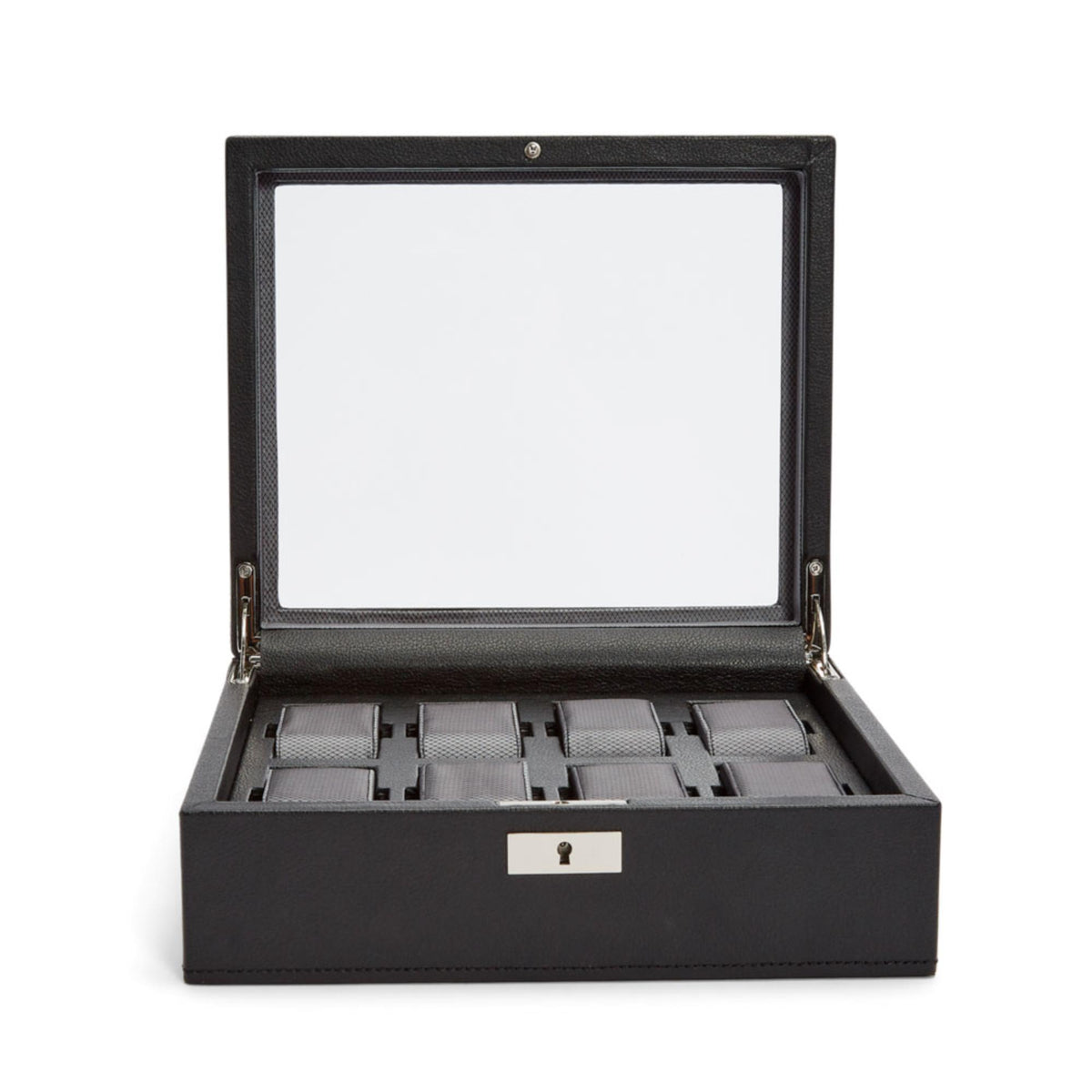 Open black watch display box with glass lid and padded tray compartments