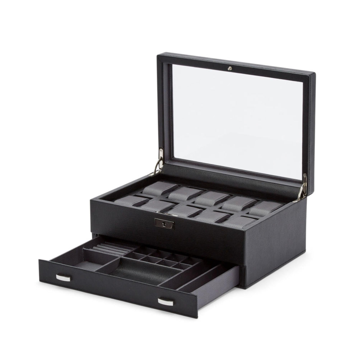 WOLF Viceroy watch box open, padded 10-slot layout with lower pull drawer