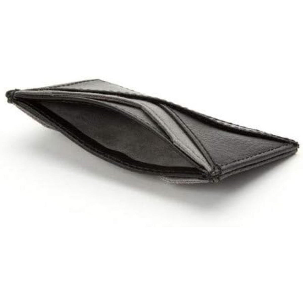 Opened black leather card wallet showing gray-lined compartments and stitched hinge
