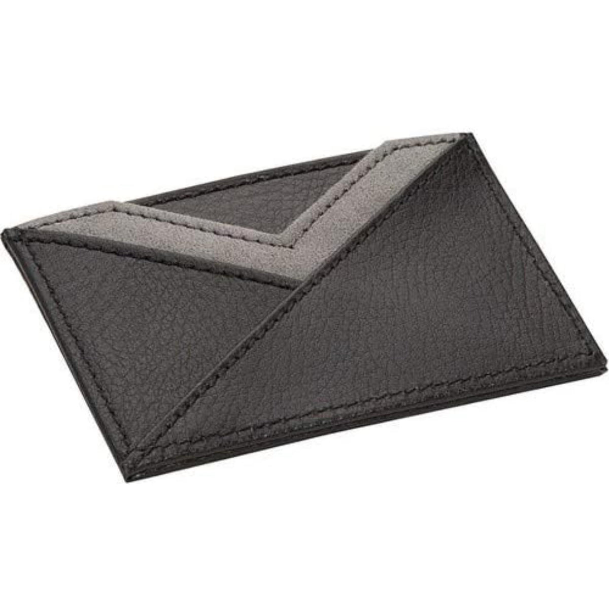 Black bifold card wallet with gray interior pocket panels and textured leather finish