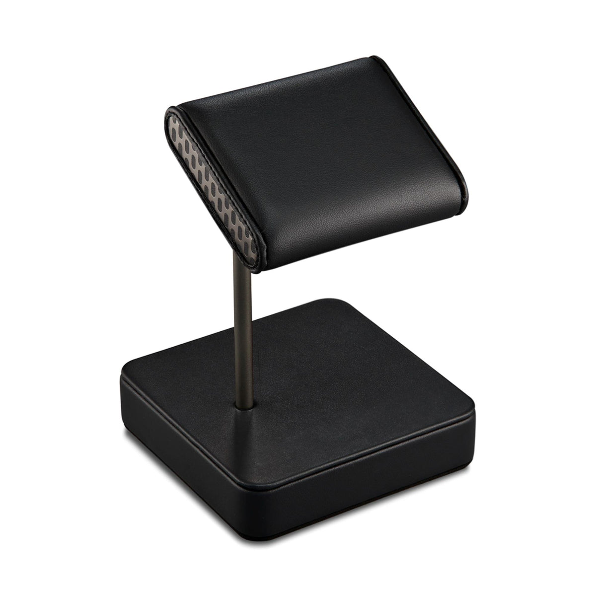 Black single watch stand in profile with padded top rest and square base