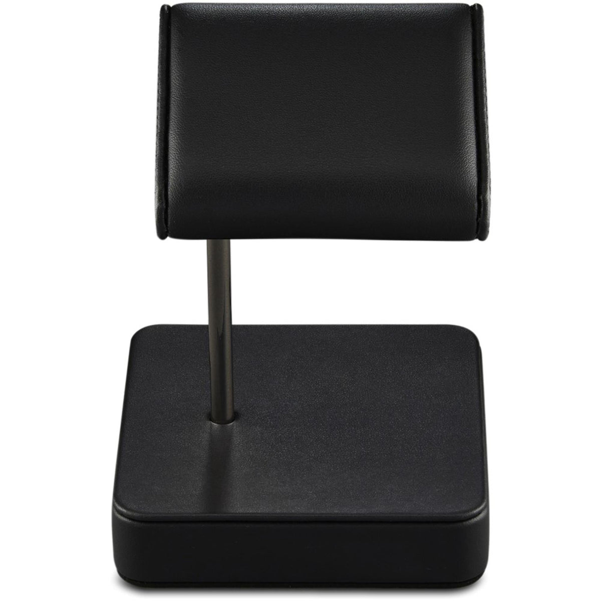 Black watch stand with stitched padded headrest and square base on post