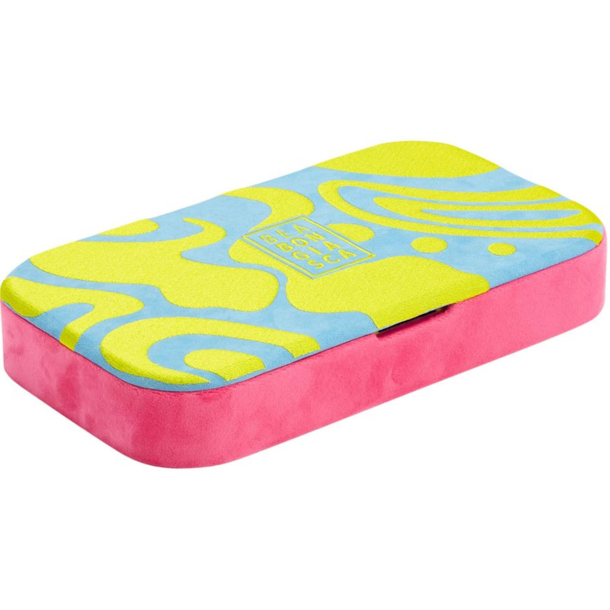 Medium tray with abstract lime and blue pattern on lid and pink base