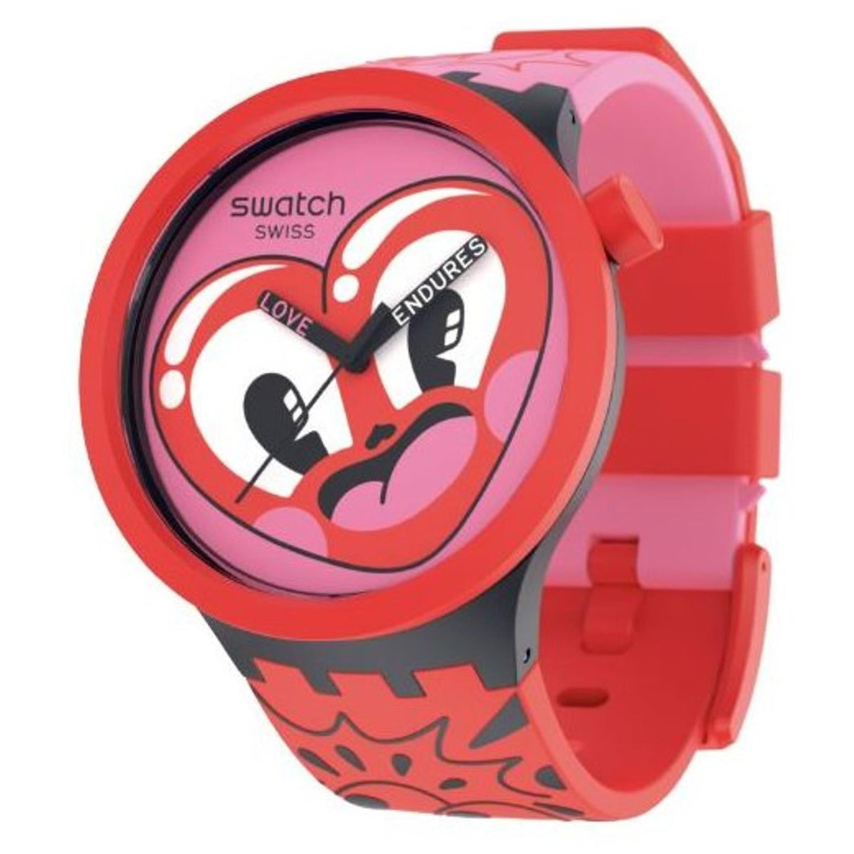 Heart-dial quartz watch with red bezel, pink dial, and red silicone strap