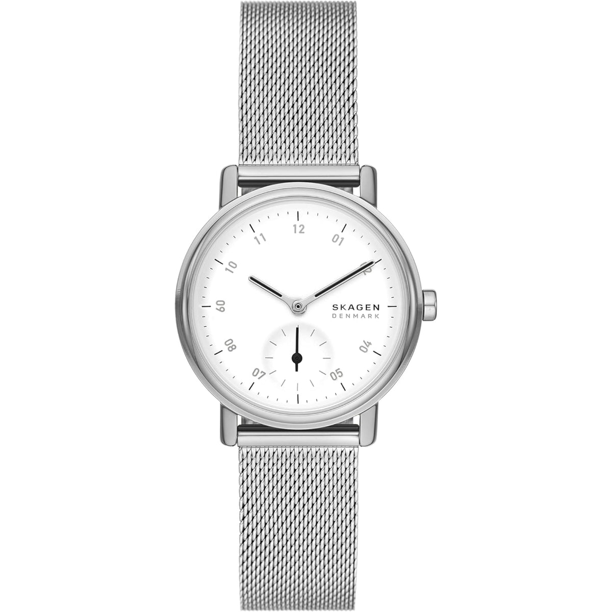 Women’s stainless steel mesh watch front with white dial and baton markers